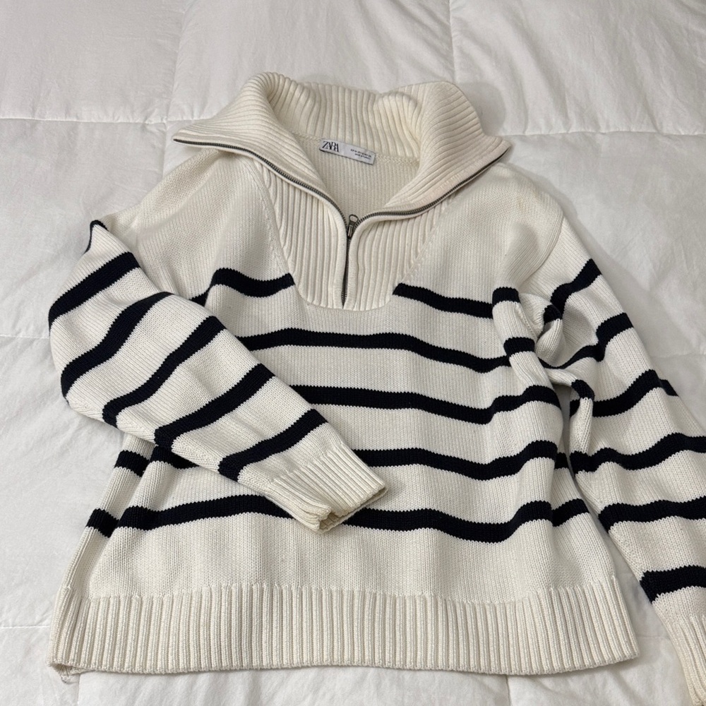 Zara Cream & Black Striped Half-Zip Funnel Neck Sweater
